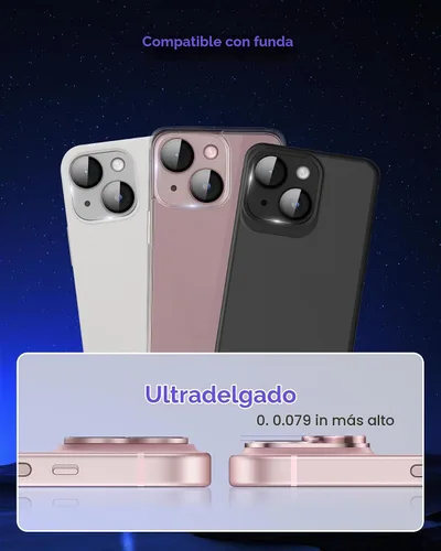 Vista 8 de Compatible con iPhone 15/iPhone 15 Plus/iPhone 14/iPhone 14 Plus Protector de lente de cámara Metal Plus Anillo de aleación de aluminio 9H Pantalla