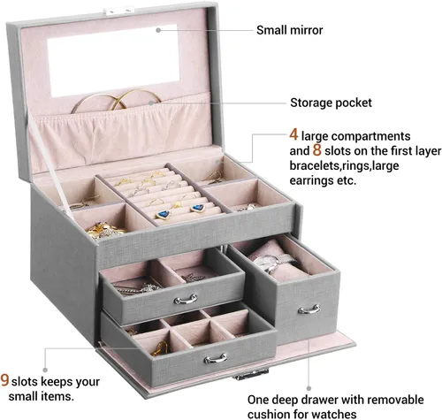 Vista 4 de BEWISHOME Jewelry Box, 20 Section Jewelry Organizer Box for Earrings,Rings,Necklaces,Cufflinks,Pendants Grey, Birthday Gift for Women,Women