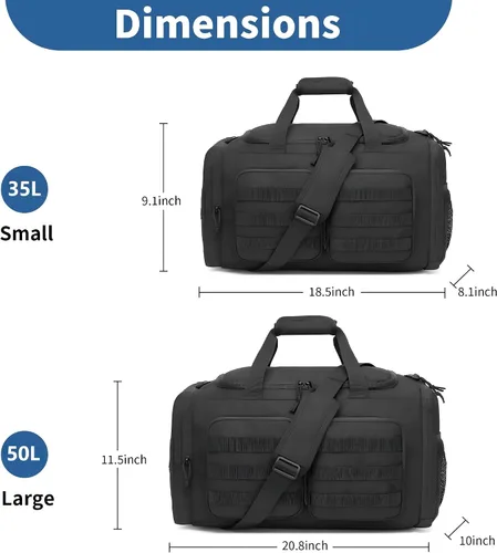 Vista 5 de Wotony Bolsa de lona táctica para hombres, bolsa de lona para gimnasio, viajes, entrenamiento militar de fin de semana, bolsa Molle, Negro, 35 l