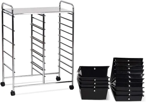 Vista 7 de Carrito de almacenamiento rodante de 15 cajones, carrito de utilidad móvil con ruedas con candado, cajones, carrito organizador multiusos para Negro