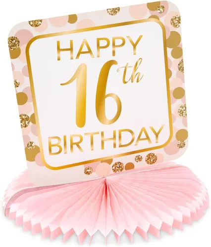 Vista 6 de Sparkle and Bash Sweet 16 - Centros de mesa de panal de abeja, paquete de 6, rosa y dorado, 9-10 pulgadas, adornos de mesa de papel reutilizables