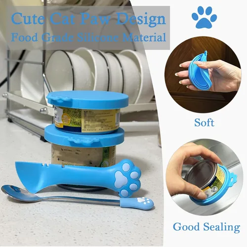 Vista 3 de SJANE Cucharas y tapas de latas de comida para gatos 4 piezas Abridor colorido multifunción con forma de pata Fundas universales de silicona