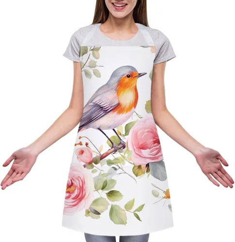 Vista 3 de Personalized Floral Print Watercolor Robin Bird Adult Apron, Kitchen Cooking Aprons for Woman Man, Adjustable Bib Apron with Pocket for Baking, BBQ