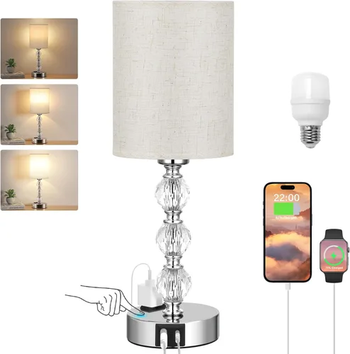 Vista 9 de Lámparas de noche táctiles blancas para dormitorios, lámpara de mesa de cristal con puerto de carga USB C+A y mesita de noche de salida de CA