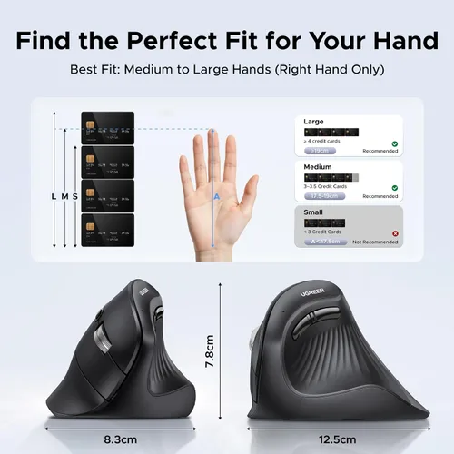Vista 3 de UGREEN Ratón inalámbrico vertical (Bluetooth 5.0+2.4G) ergonómico con 5 botones, 1000/1600/2000/4000 DPI, prevención del síndrome del ratón, ratón