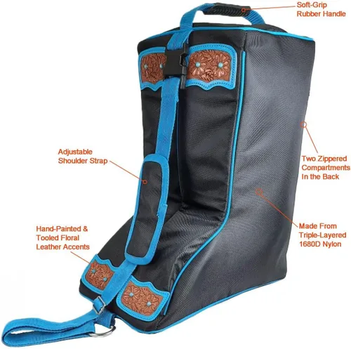 Vista 2 de Turquoise Flower 1680D - Bolsa de nailon para botas con detalles de cuero manuales, Negro