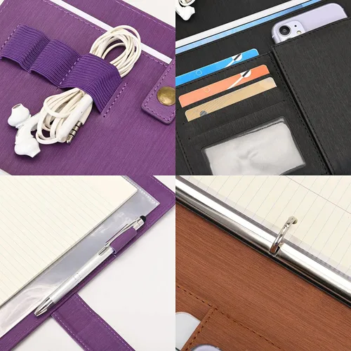 Vista 4 de Portafolio WONDERPOOL A4 de piel sintética con anillo, estuche para documentos con portafolio extraíble, multibolsillo y bloc legal para organizador