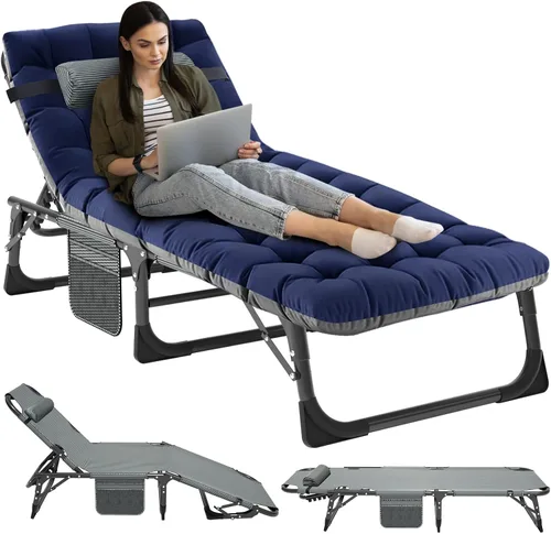 Vista 10 de NAIZEA Catre plegable de camping con alfombrilla para adultos, silla de descanso ajustable al aire libre, cama de dormir resistente, catres de Silla