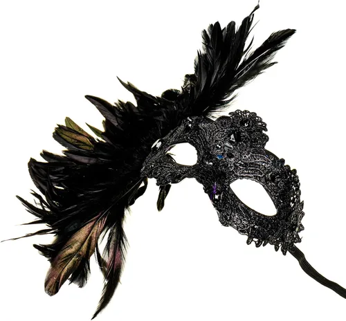 Vista 3 de Lujo Venecia Mujeres Carnaval Mascarada Máscara Veneciana con Pluma Lateral - Negro
