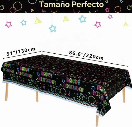 Vista 2 de Paquete de 3 suministros para manteles de fiesta que brillan en la oscuridad, mantel desechable de plástico neón, mantel rectangular con estampado