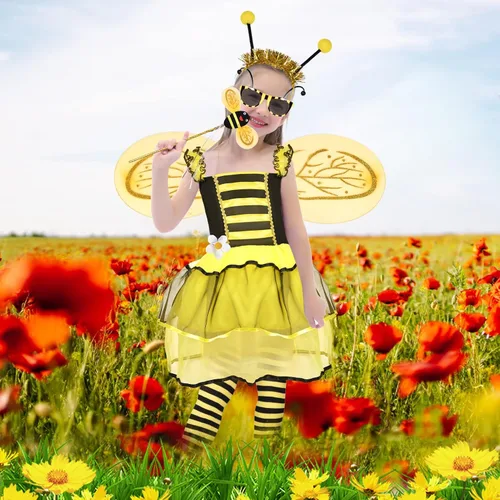 Vista 3 de Latocos Bumble Bee Costume Kids Girls with Tutu Dress Wings Bags Dress Up Pretend Play Birthday Halloween Gifts Ages 3-10