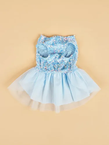 Vista 2 de QWINEE Vestido de perro con decoración de lazo, lindo vestido de cachorro, falda tutú, vestido de princesa para gato, vestido de verano para fiesta
