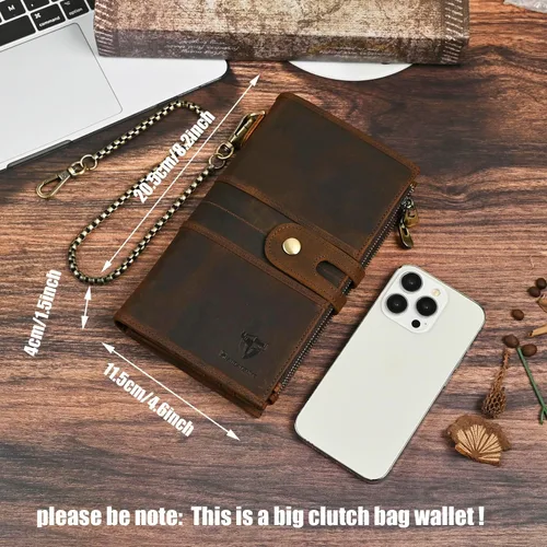 Vista 31 de Genuino Caballo Loco Cuero Regalo de Viaje Moneda Bolsillo Tarjetero Organizador Largo Cadena Rfid Cartera Monedero Con Broche Para Hombres Hombres