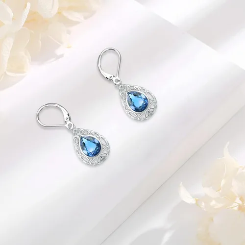 Vista 45 de Aretes colgantes de plata de ley con diseño de árbol de la vida, flor, abeja, animales, gato, colibrí, piedra lunar, turquesa, aretes con cierre