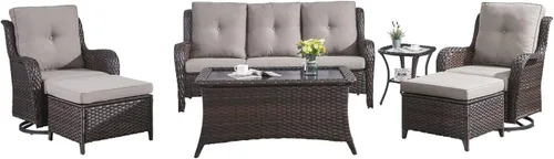 Vista 14 de HUMMUH Juego de 2 Sillas Giratorias Mecedoras de Mimbre para Patio Exterior, Juego de Muebles de Sillas Mecedoras de Ratán (Marrón, Azul) 50,000