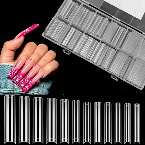 Vista 6 de 504 puntas de uñas medianas de almendra, 12 tamaños, calcomanías de gel suave pre-grabadas de cobertura completa, uñas postizas transparentes a