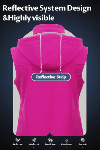 Vista 2 de CREATMO US Chaleco ligero de Softshell para mujer, chaqueta sin mangas cortavientos con capucha extraíble