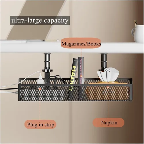 Vista 3 de No Drilling Under Desk Wire Management Tray Retractable Cable Organizers In Home Office PC Router Data Wire Metal Storage Rack(Black 2 in 1)
