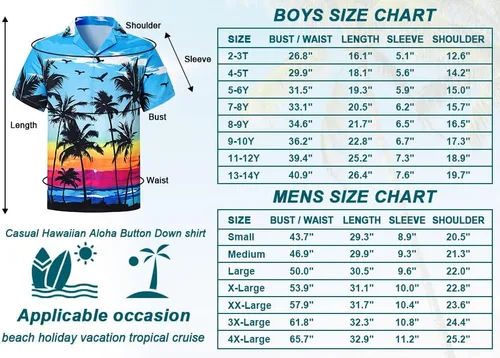 Vista 3 de Cromoncent Camisa hawaiana de manga corta para hombre y niño, cuello cubano, tropical, vacaciones, verano, playa, Aloha Azul