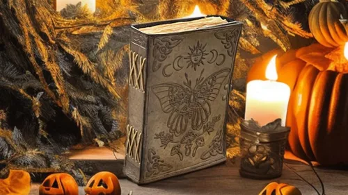 Vista 7 de Embossed Luna Moth Leather Grimoire Journal – Vintage Botanical Mushrooms & Sun Moon Design – Blank Spell Book of Shadows with Deckle Edge Paper