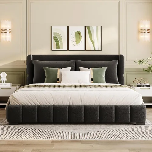 Vista 20 de Base de cama tapizada de terciopelo con cabecera capitoné de canal, cama de perfil bajo tamaño Queen con soporte de listones resistente, no necesita