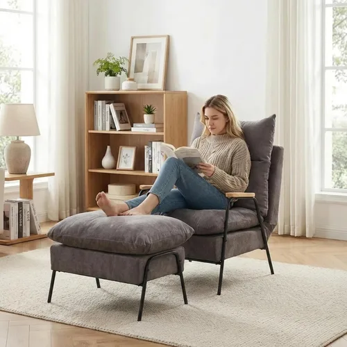 Vista 2 de MCombo Silla reclinable Accent con otomana, sillón de tela moderno, sofá cama tapizado para sala de estar y dormitorio, espacio pequeño 4055