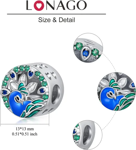 Vista 5 de LONAGO Abalorio de plata de ley 925 con diseño de mariposa y pavo real para mujer