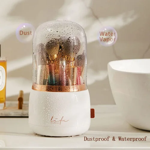 Vista 5 de Organizador de brochas de maquillaje rosa con tapa giratoria de 360 grados [2023] Organizador de brochas de cosméticos transparente para tocador