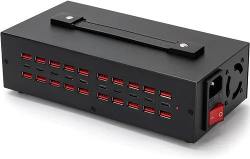 Vista 9 de Estación de carga USB-C de 200W, bloque de cargador USB de 20 puertos (10 USB A y 10 USB-C), estación de carga rápida para múltiples dispositivos
