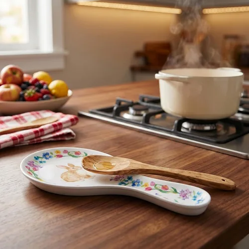 Vista 2 de UP ware - Soporte para cuchara de melamina con diseño floral de conejito para estufa, encimera de cocina y mesa de comedor, 9.625 pulgadas Floral