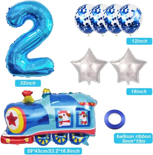 Vista 2 de Globos de tren de 2º cumpleaños, globo gigante de aluminio de Mylar número 2 para fiesta de ferrocarril, color azul