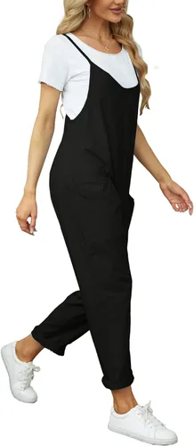Vista 3 de Enterizo suelto casual con cuello en V para mujer, sin mangas, con tirantes delgados, pantalones largos, overol con tirantes delgados