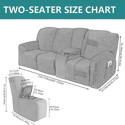 Vista 3 de Funda reclinable con funda de consola central, 8 piezas de terciopelo elástico para sofá reclinable seccional con portavasos, funda reclinable de 2