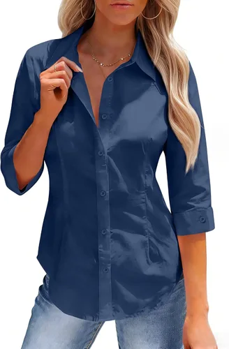 Vista 12 de siliteelon Button Down Shirts for Women: Slim Fit Stain Shield 3/4 Sleeve Dress Shirt Formal Work Button Up Blouses