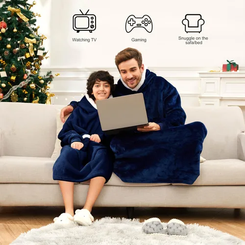 Vista 4 de Manta con capucha portátil para adultos y niños, sudadera con capucha de gran tamaño, manta con capucha de forro polar Sherpa con bolsillo gigante