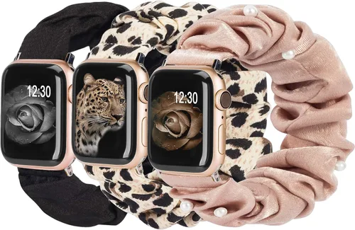 Vista 27 de TOYOUTHS - 3 paquetes compatibles con Apple Watch Band Scrunchies 1.496 in (38 mm) tela suave patrón impreso pulsera de tela para mujer iWatch