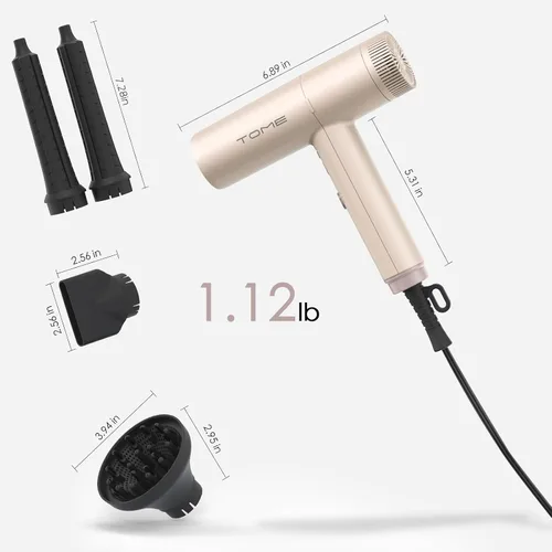 Vista 6 de TOME Hair Dryer, 1875W High-Speed EC Motor 110,000 RPM Ionic Blow Dryer, Fast Drying, Cool Shot Lock, 3 Heat 2 Speed, 3 Attachments