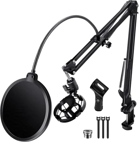 Vista 10 de BILIONE Soporte de micrófono de escritorio multifuncional, soporte de micrófono ajustable con filtro pop, soporte de choque, clip de micrófono