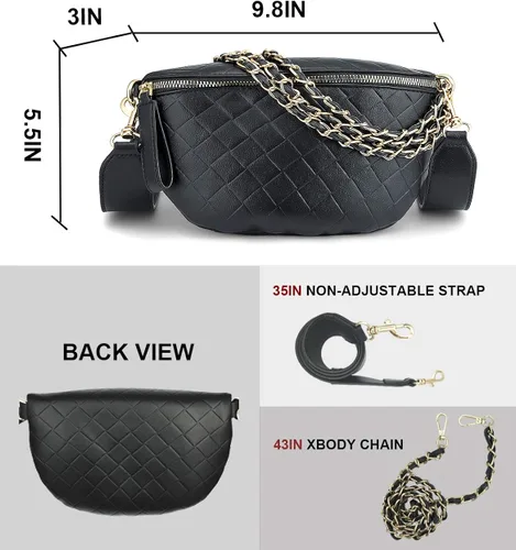 Vista 3 de BELLSPIN Riñonera cruzada para mujer, bolsa de hombro acolchada, piel vegana con correa de cadena dorada