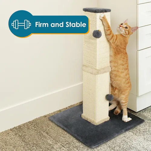 Vista 4 de Pawbee Torre rascador para gatos de 32 pulgadas con cascabeles y bolas de felpa, torre de sisal con base más grande para una mejor estabilidad, Beige