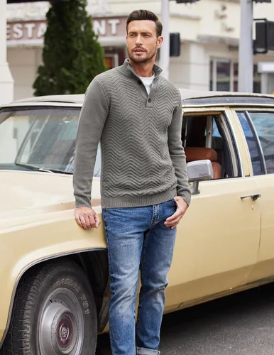 Vista 2 de COOFANDY Suéter de cuello alto Henley de punto trenzado para hombre
