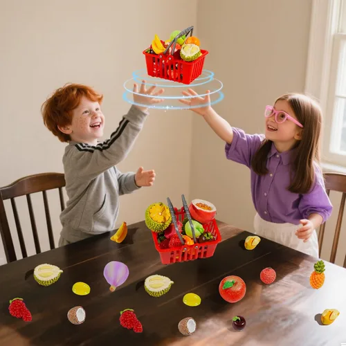 Vista 6 de Exasinine 33 piezas de figuras de frutas en miniatura, fresa, melocotón, uvas, mini figuras de resina, frutas artificiales para jardín, cocina