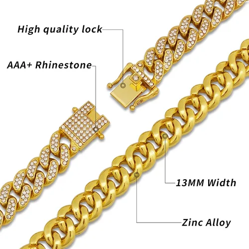 Vista 3 de ICEDATA Cadena de eslabones cubanos Hip Hop Link 13MM Ancho AAA+ Rhinestone Aleación de Zinc Cadena Cubana para Hombres, Zinc, cristal