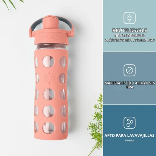 Vista 2 de Lifefactory Botella de agua de vidrio de 16oz con tapa activa, melón Cantaloupe