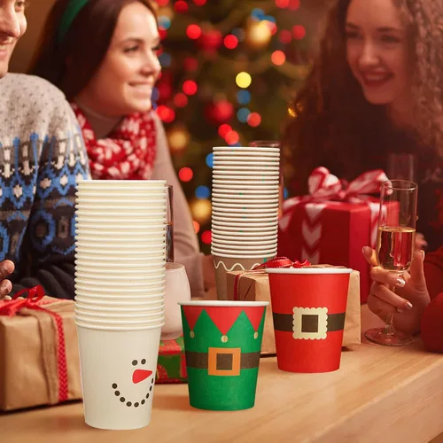 Vista 6 de Funtery 100 piezas de vasos de papel de Navidad, vasos de café desechables de Navidad con copos de nieve, muñeco de nieve, alce, luces, 9 onzas