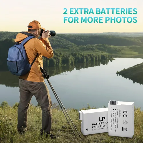 Vista 6 de LP Batería de repuesto E8, paquete de 2 baterías E8 de 1900 mAh para cámara digital Canon EOS Rebel T2i, T3i, T4i, T5i, EOS 550D, EOS 600D, EOS