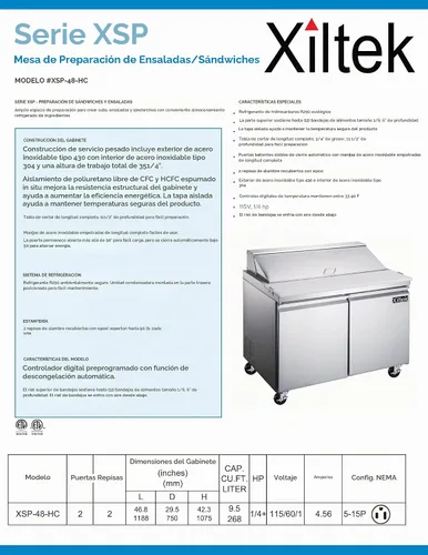 Vista 8 de Refrigerador de mesa para preparar sándwiches y ensaladas de 48" con dos puertas y 12 recipientes incluidos