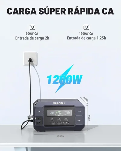 Vista 4 de GRECELL Estación de Energía Portátil 2200W Generador Solar 1126Wh Paquete de Batería LiFePO4 con Carga AC de 1200W y Carga Solar de 800W, Carga