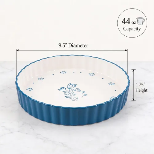 Vista 5 de Wisenvoy Sartén para tartas de cerámica para quiche, bandeja para tartas de 9 pulgadas de profundidad, sartén para quiche Azul