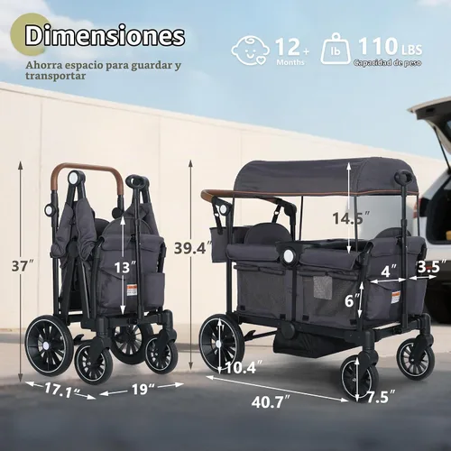 Vista 7 de Kinder King Wagon - Cochecito para 2 niños, barra de empuje/tracción ajustable, color gris